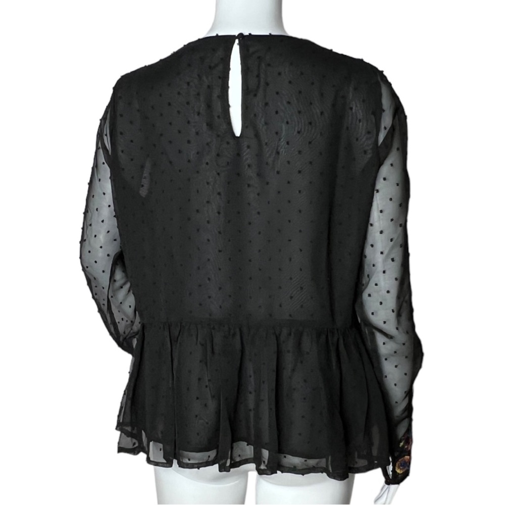 Black Embroidered Peplum Blouse with Sheer Sleeves - Picture 4 of 9